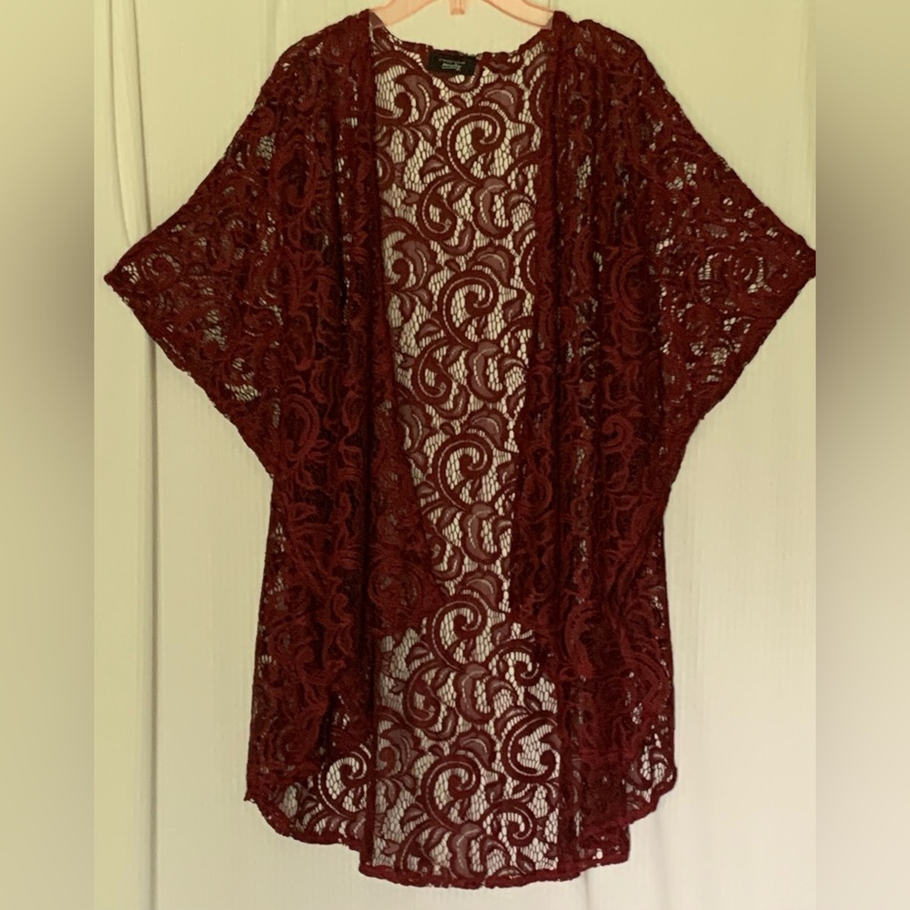 Streetwear Society Deep Red Lace Mesh Patterned Shrug Cardigan Topper O/S